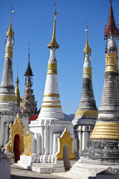 Buddhist temple complex Shwe Indein Pagoda at Inle Lake. Myanmar. Burma.