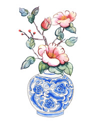 Watercolor background with japanese vases with flowers.