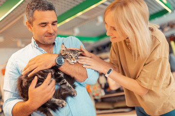 Couple of adults feeling excited while buying grey cat