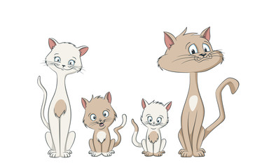 Cut cartoon cat family. Hand drawn vector illustration.