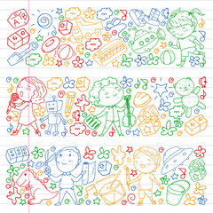 Painted by hand style pattern on the theme of childhood. Vector illustration for children design. Drawing on exercise notebook in colorful style.