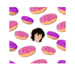 Seamless pattern with handsome boy surrounded by donuts.