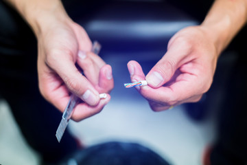 Cutter knives is cutting insulated of UTP cable. Connection procedure UTP cable, Twisting Cable...