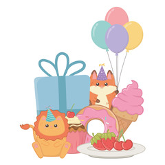 Lion and fox in happy birthday celebration
