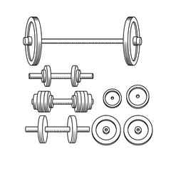 Barbell dumbbells and weight plates outline for fitness and gym set