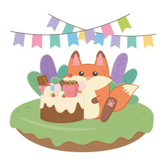 Kawaii fox with happy birthday cake design