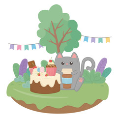 Kawaii cat with happy birthday cake design