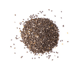 Chia seeds isolated with white background. top view