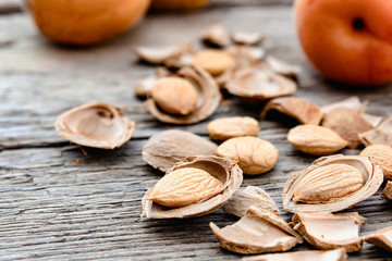 Apricots near pits and apricot pits on the background of old boards. Apricot pits for the manufacture of tablets and drugs.
