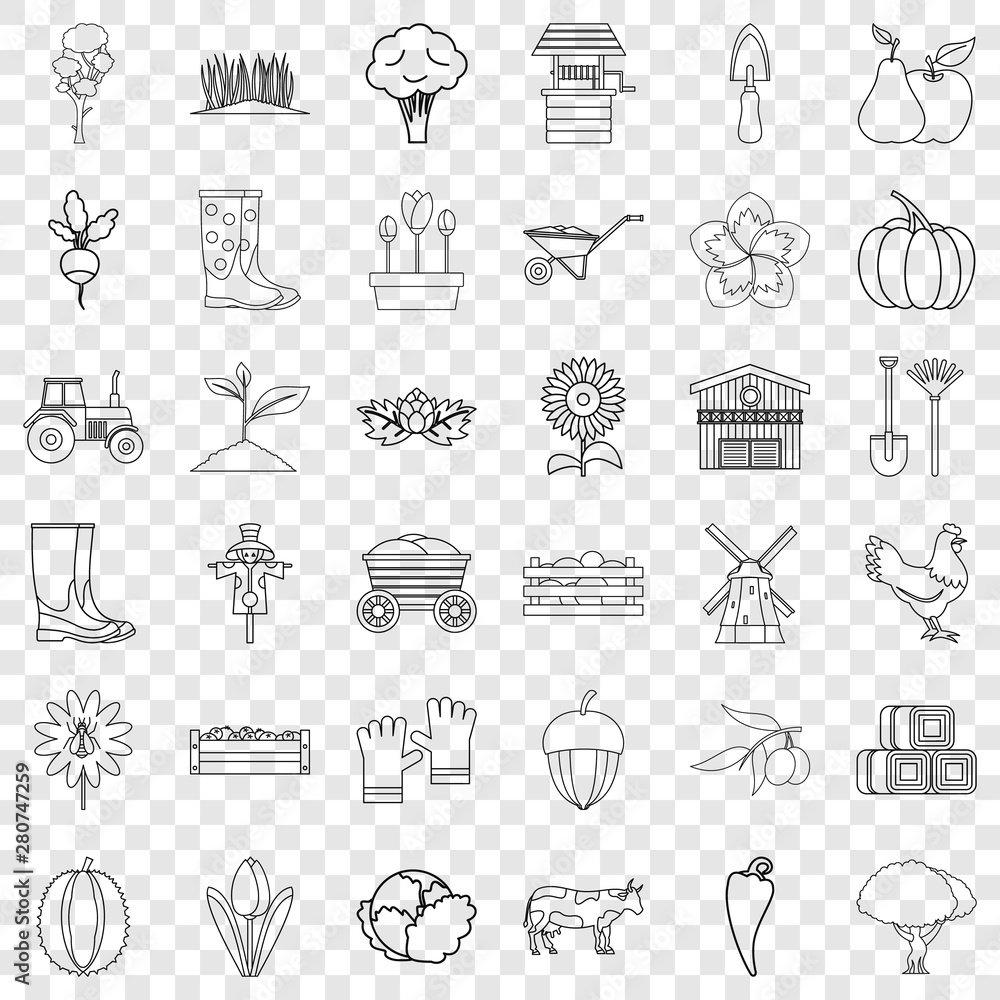 Poster farming icons set. outline style of 36 farming vector icons for web for any design