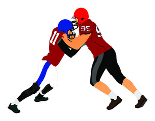 American football players in action, vector isolated on white. Sportsman in full equipment on court. Rugby sport man, battle for ball. Collage sport. Team work.