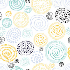 Abstract seamless pattern with hand drawn round elements Yellow blue white colors vackground vector illustration