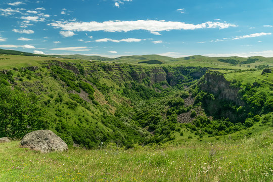 Amazing mountain landscape in Georgia on a sunny summer day. Top view of Dashbash Canyon
