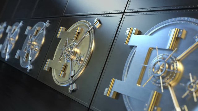 Bank vault. It opens and the camera moves inside. Very heavy steel door. A massive thick wall. Bank robbery. The high quality animation contains the alpha channel.