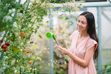 Young woman with basket of greenery and vegetables in the greenhouse. Harvesting time