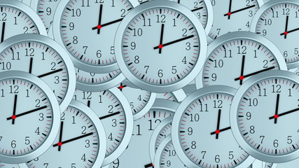 Naklejka premium Many 3d simple clocks with hour, second and minute arrows, computer generated modern business background