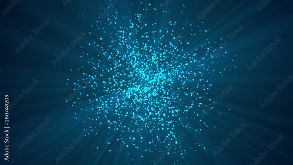 Poster many abstract small blue particles in sphere shape in space, computer generated abstract background,