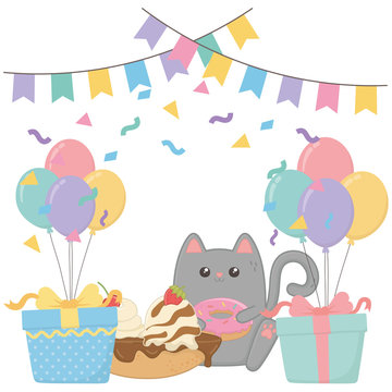 Kawaii cat with happy birthday cake design