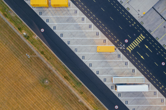 Aerial view of the distribution center, drone photography of the industrial logistic zone.