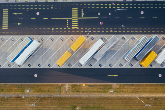 Aerial view of the distribution center, drone photography of the industrial logistic zone.