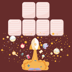 School timetable schedule back to school. Place for your text. Template school timetable for students or pupils with days of week and free spaces for notes.Space background with stars school subjects