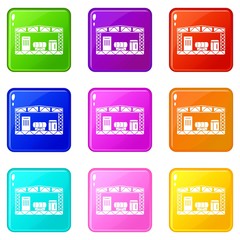 Warehouse storage equipment icons set 9 color collection isolated on white for any design
