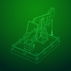 Oil well rig jack. Finance economy polygonal petrol production. Petroleum fuel industry pumpjack derricks pumping drilling. Wireframe low poly mesh vector illustration