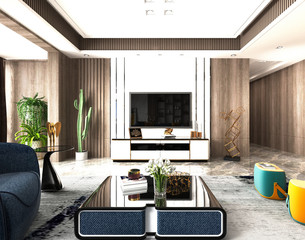 Modern interior of apartment, living room with sofa, hall panorama 3d rendering 