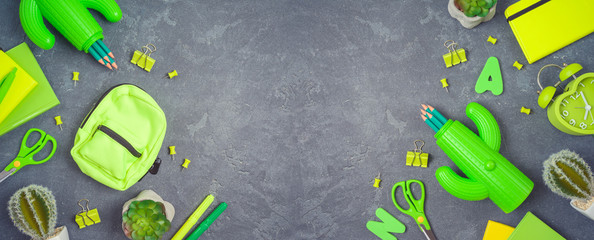 Back to school background with school supplies and cactus on blackboard. Top view from above