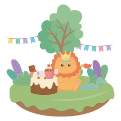 Kawaii lion with happy birthday cake design
