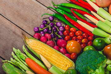 Backgroud of fresh food tasty and healthy varis vegetables are on the wooden table