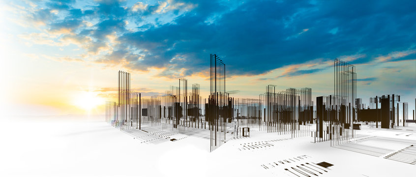 Dise&ntilde;o arquitect&oacute;nico de la ciudad moderna en 3d. Fondo de arquitectura abstracta y edificios. Construcci&oacute;n e ingenier&iacute;a