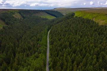 Aerial shot of the famous Snake Pass road found in Derbyshire hills of the Peak District National...