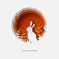 3d abstract paper cut illustration of colorful paper art fall rabbit, grass, flowers, leaves and orange shape. Hello autumn greeting card template in paper art style.