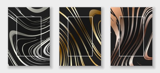 A4 abstract marble metall illustration set. Gold, bronze and silver colors. Vector design layout for luxury banners, presentations, flyers, posters and invitations.