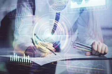 Multi exposure of woman's writing hand on background with data technology hud. Big data concept.