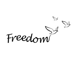 Birds flying from freedom slogan. Freedom concept. Birds silhouettes created of freedom text. Freedom logo template.