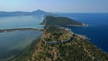 Fotobehang Aerial drone panoramic view of tropical iconic exotic beach of Voidokoilia as seen from Palaiokastro (literally "old castle") of Navarino - Pylos, Peloponnese, Greece © aerial-drone