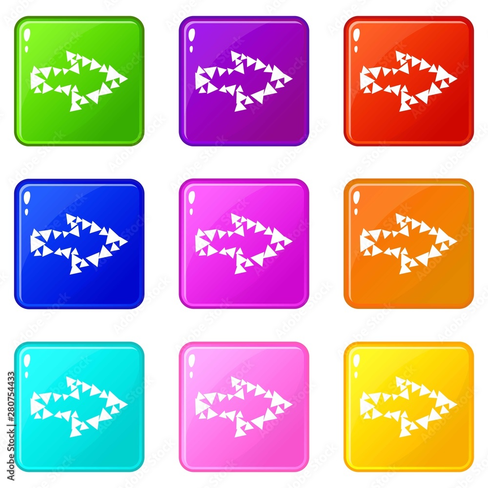 Poster abstract arrow with contour of triangles icons set 9 color collection isolated on white for any desi