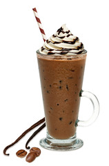 Vanilla iced coffee with whipped cream and chocolate syrup isolated on white background