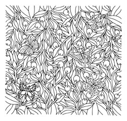 Vector illustration zentangl. Butterflies fly among the berry bushes. Coloring book. Antistress for adults and children. Work done in manual mode. Black and white.