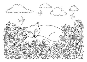 Vector illustration zentangl. Fox asleep in the clearing around the flowers. Coloring book. Antistress for adults and children. Work done in manual mode. Black and white.