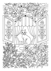 Vector illustration zentangl. The cat sits in the window of the house among the flowers. Coloring book. Antistress for adults and children. Work done in manual mode. Black and white.