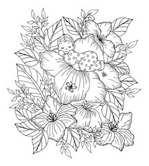 Vector illustration zentangl. A small child in pajamas is sleeping on a big flower. Coloring book. Antistress for adults and children. Work done in manual mode. Black and white.