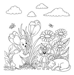 Vector illustration zentangl. Bear, mouse and a cat resting in the meadow among the flowers. Coloring book. Antistress for adults and children. Work done in manual mode. Black and white.