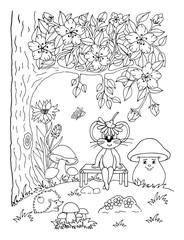 Vector illustration zentangl. Mouse resting under a tree on a bench among the flowers. Coloring book. Antistress for adults and children. Work done in manual mode. Black and white.