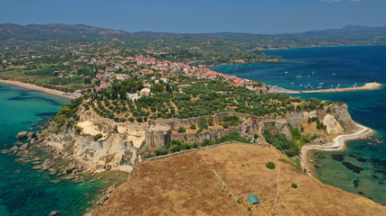 Aerial drone photo of iconic medieval castle and small picturesque village of Koroni, Messinia, Peloponnese, Greece