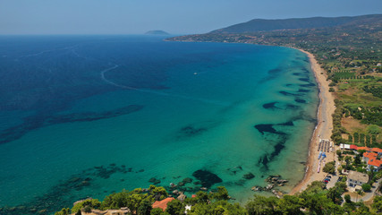 Aerial drone photo of iconic medieval castle and small picturesque village of Koroni, Messinia, Peloponnese, Greece