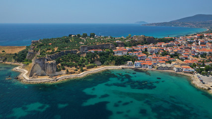 Fototapeta na wymiar Aerial drone photo of iconic medieval castle and small picturesque village of Koroni, Messinia, Peloponnese, Greece