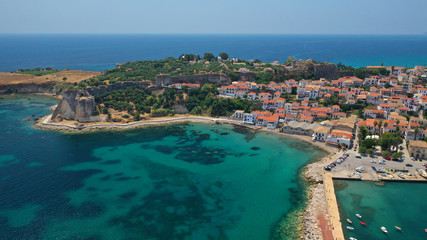 Aerial drone photo of iconic medieval castle and small picturesque village of Koroni, Messinia, Peloponnese, Greece